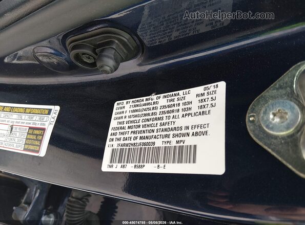 7FARW2H82JE060039 2018 HONDA CR-V Blue ძრავის განყოფილების ხედი