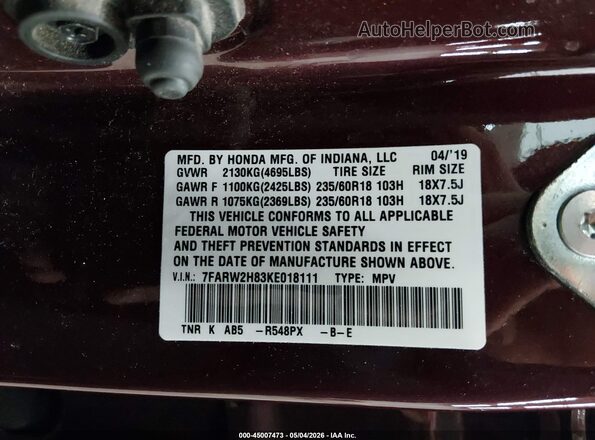 7FARW2H83KE018111 2019 HONDA CR-V Maroon 