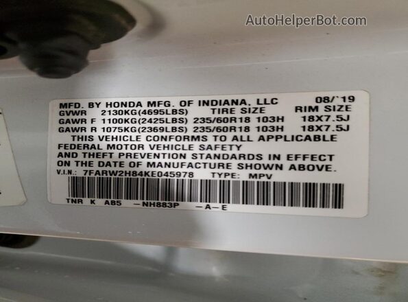 7FARW2H84KE045978 2019 HONDA CR-V White VIN sticker view
