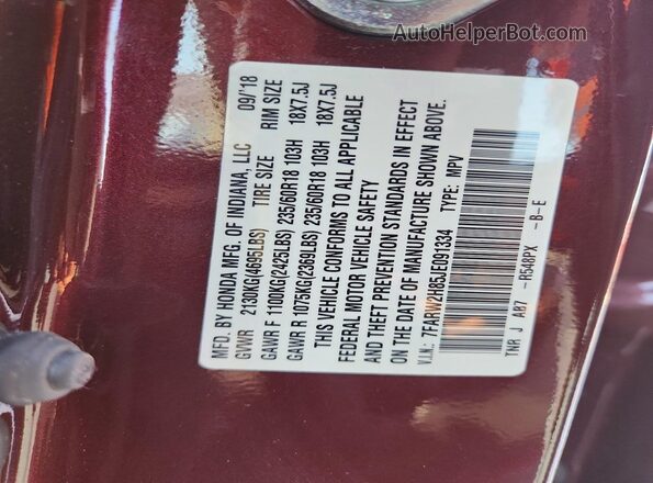 7FARW2H85JE091334 2018 HONDA CR-V Burgundy VIN კოდის სტიკერის ხედი