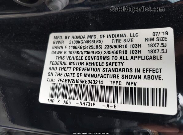 7FARW2H86KE043214 2019 HONDA CR-V Black Вид підкапотного простору