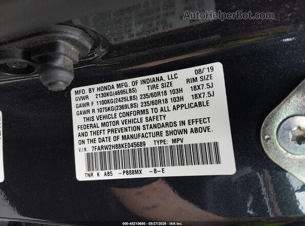 7FARW2H88KE045689 2019 HONDA CR-V Gray Vista del compartimento del motor
