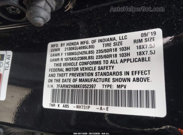 7FARW2H88KE052397 2019 HONDA CR-V Black ძრავის განყოფილების ხედი