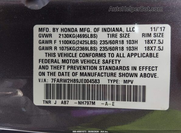 7FARW2H89JE004583 2018 HONDA CR-V Серый 