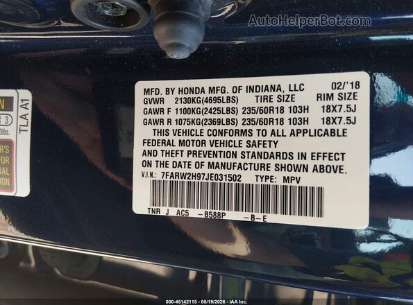 7FARW2H97JE031502 2018 HONDA CR-V Blue ძრავის განყოფილების ხედი