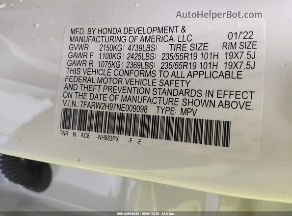 7FARW2H97NE009098 2022 HONDA CR-V White Widok komory silnika