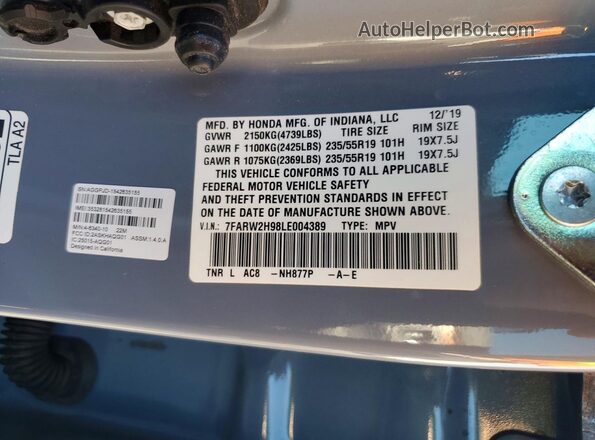 7FARW2H98LE004389 2020 HONDA CR-V Blue Widok naklejki z numerem VIN