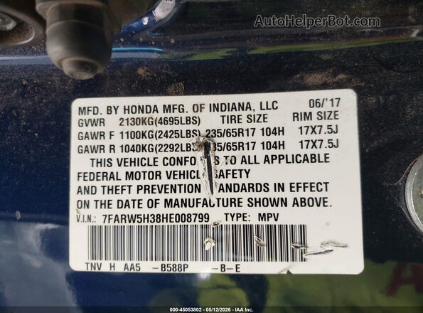 7FARW5H38HE008799 2017 HONDA CR-V Blue Շարժիչի բաժամունքի տեսք