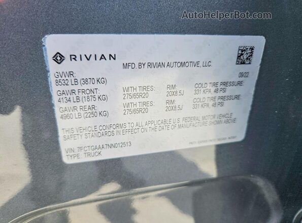 7FCTGAAA7NN012513 2022 RIVIAN R1T Gray 
