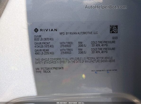 7FCTGAAA7PN019478 2023 RIVIAN R1T Gray ძრავის განყოფილების ხედი