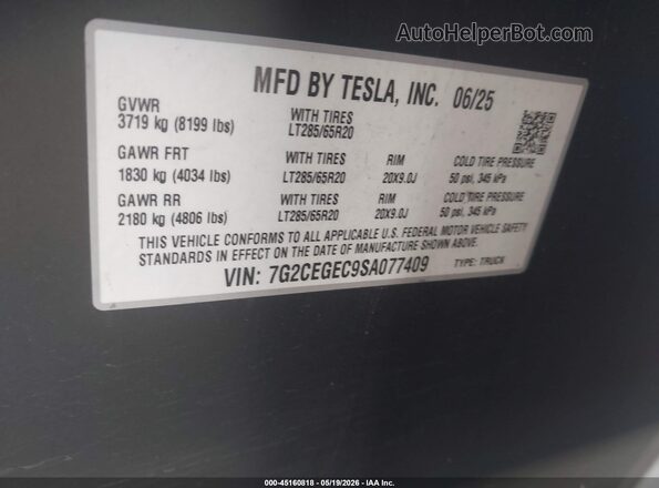 7G2CEGEC9SA077409 2025 TESLA CYBERTRUCK Silver Engine compartment view