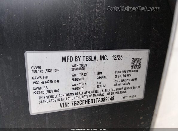 7G2CEHED1TA089148 2026 TESLA CYBERTRUCK Silver Вид підкапотного простору
