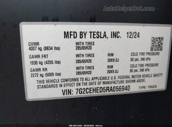 7G2CEHED5RA056940 2024 TESLA CYBERTRUCK Gray Շարժիչի բաժամունքի տեսք