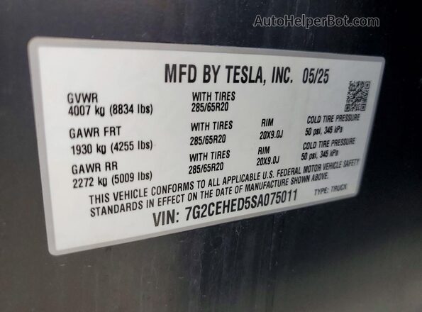7G2CEHED5SA075011 2025 TESLA CYBERTRUCK Gray VIN կոդի պիտակի տեսք