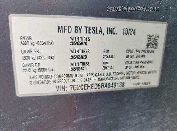7G2CEHED6RA049138 2024 TESLA CYBERTRUCK Silver VIN კოდის სტიკერის ხედი