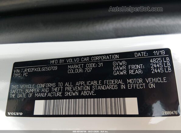 7JR102FK0LG050709 2020 VOLVO S60 White ძრავის განყოფილების ხედი