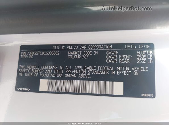 7JRA22TL8LG036662 2020 VOLVO S60 White Вид підкапотного простору