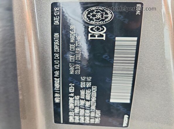 7JRA22TM6KG004283 2019 VOLVO S60 Brown VIN sticker view