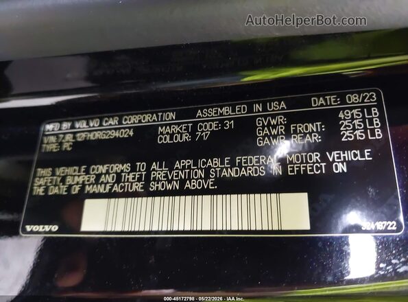 7JRL12FH0RG294024 2024 VOLVO S60 Black Vista del compartimento del motor