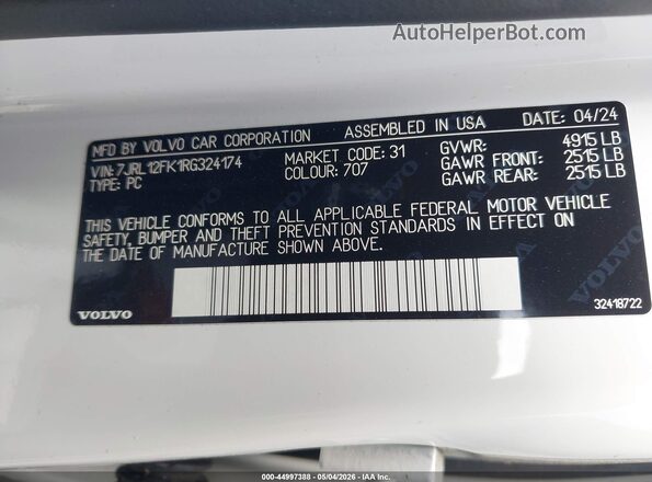 7JRL12FK1RG324174 2024 VOLVO S60 White Vista del compartimento del motor