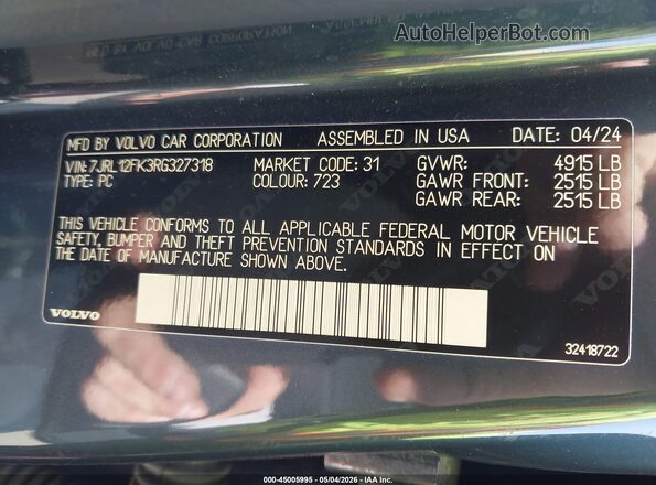 7JRL12FK3RG327318 2024 VOLVO S60 Dark Blue Engine compartment view