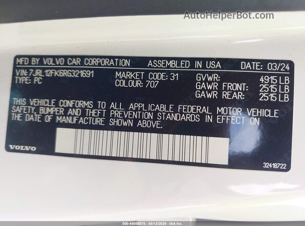 7JRL12FK6RG321691 2024 VOLVO S60 White Vista del compartimento del motor