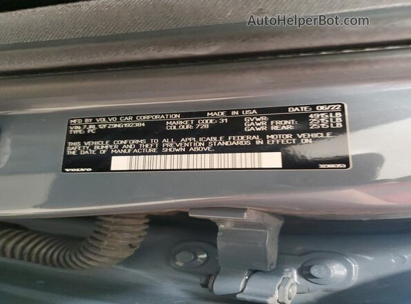 7JRL12FZ9NG192384 2022 VOLVO S60 Gray VIN sticker view