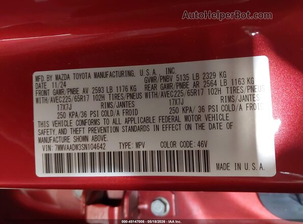 7MMVAADW3SN104642 2025 MAZDA CX-50 HYBRID Red Widok komory silnika