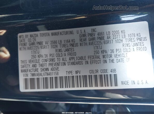 7MMVABAL6TN481158 2026 MAZDA CX-5 Blue Vista del compartimento del motor