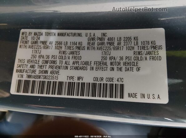 7MMVABBM7SN323515 2025 MAZDA CX-5 Blue Vista del compartimento del motor