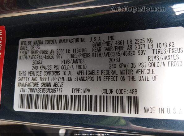7MMVABEM5SN385717 2025 MAZDA CX-5 Blue Vista del compartimento del motor