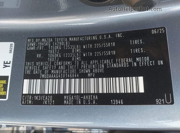 7MUDAAAG4SV146844 2025 TOYOTA LL Gray ძრავის განყოფილების ხედი
