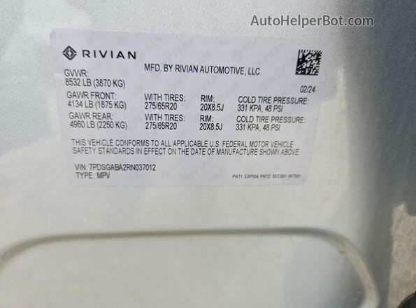 7PDSGABA2RN037012 2024 RIVIAN R1S Gray Вид підкапотного простору