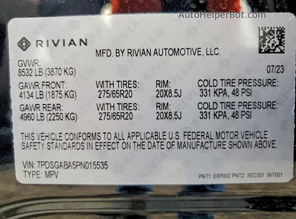 7PDSGABA5PN015535 2023 RIVIAN R1S Black Панорамний вид салону 360°