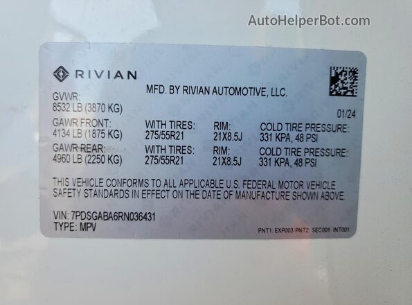 7PDSGABA6RN036431 2024 RIVIAN R1S White VIN sticker view
