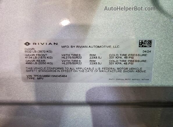 7PDSGBBA1SN045484 2025 RIVIAN R1S Silver 