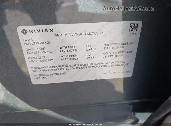 7PDSGCBA3TN089073 2026 RIVIAN R1S Gray Widok komory silnika