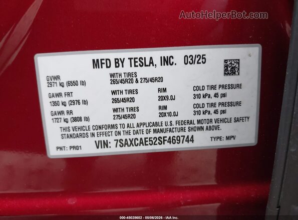 7SAXCAE52SF469744 2025 TESLA MODEL X Red Engine compartment view