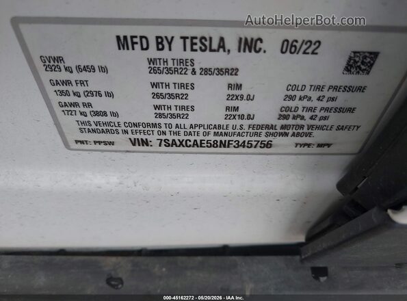 7SAXCAE58NF345756 2022 TESLA MODEL X White Շարժիչի բաժամունքի տեսք