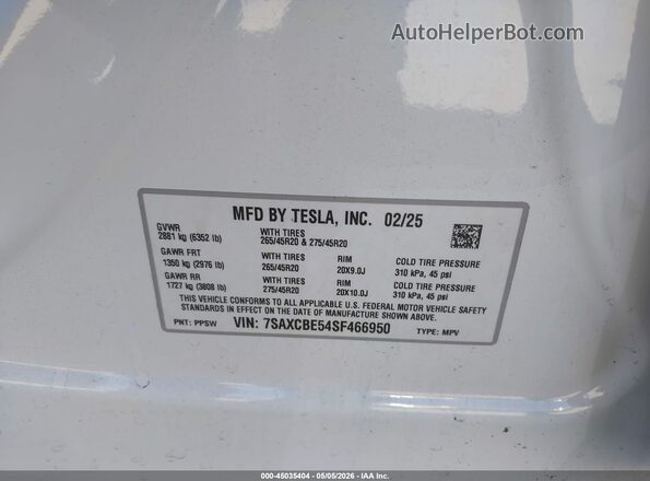 7SAXCBE54SF466950 2025 TESLA MODEL X White Вид підкапотного простору