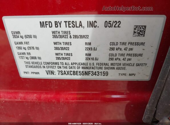 7SAXCBE55NF343159 2022 TESLA MODEL X Red Շարժիչի բաժամունքի տեսք