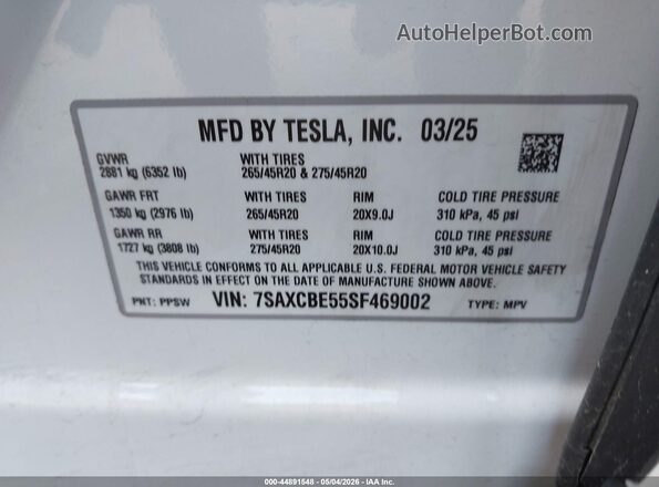 7SAXCBE55SF469002 2025 TESLA MODEL X White Widok komory silnika