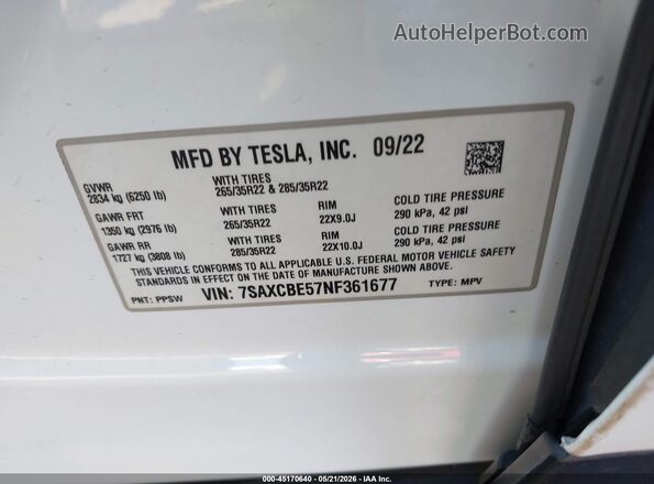 7SAXCBE57NF361677 2022 TESLA MODEL X Белый Вид подкапотного пространства