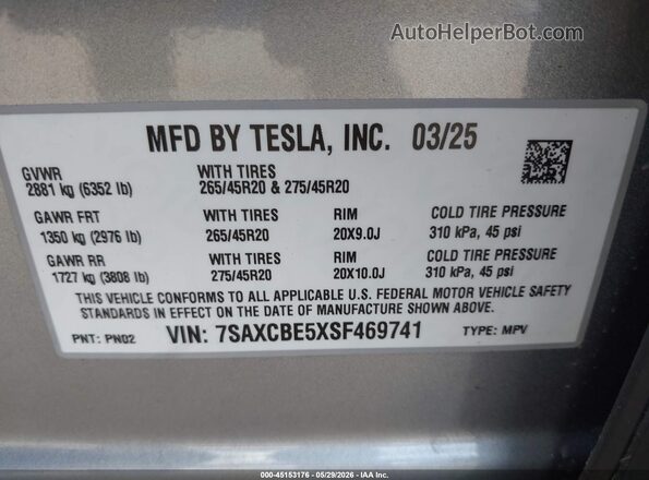 7SAXCBE5XSF469741 2025 TESLA MODEL X Silver Engine compartment view