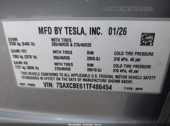 7SAXCBE61TF486454 2026 TESLA MODEL X Silver Vista del compartimento del motor