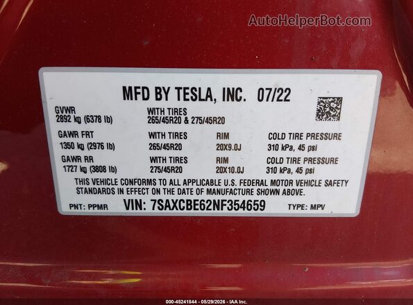 7SAXCBE62NF354659 2022 TESLA MODEL X Red Widok komory silnika