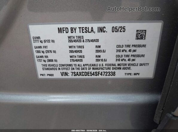 7SAXCDE54SF472338 2025 TESLA MODEL X Gray Engine compartment view
