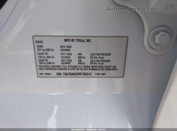 7SAYGAEE0PF706313 2023 TESLA MODEL Y White Widok komory silnika