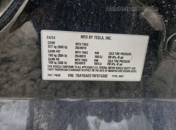 7SAYGAEE1RF074392 2024 TESLA MODEL Черный Вид наклейки с VIN-кодом