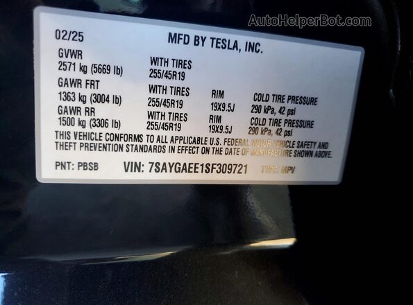 7SAYGAEE1SF309721 2025 TESLA MODEL Black VIN კოდის სტიკერის ხედი